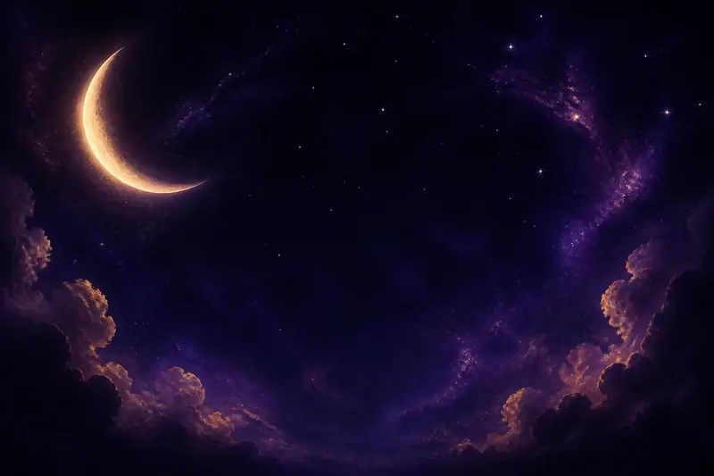 A luminous crescent moon glowing over a deep purple, star-flecked night sky, the Quiet Current hero image